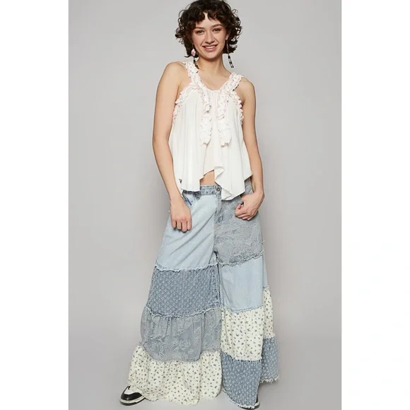 POL Patchwork Tiered Ruffle Exaggerated Wide Leg Jeans Relaxed Fit - Picture 3 of 9